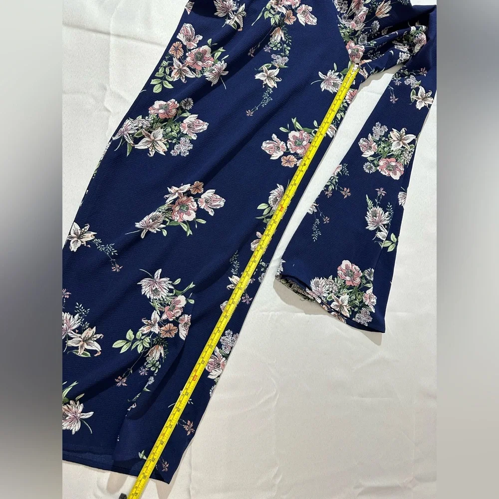 NWT Xhiliration Women’s M Jumpsuit Blue Floral Tie Sleeve Faux Wrap Wide Leg